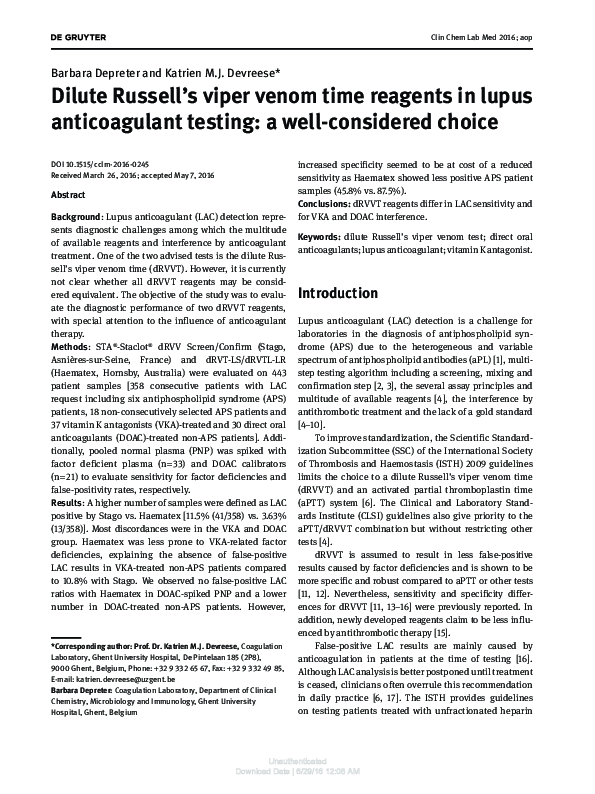 (PDF) Dilute Russell's viper venom time reagents in lupus anticoagulant ...
