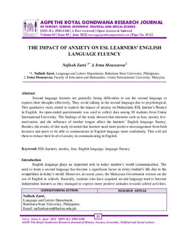 (PDF) THE IMPACT OF ANXIETY ON ESL LEARNERS’ ENGLISH LANGUAGE FLUENCY
