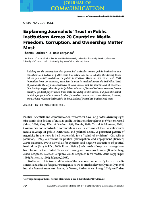 (PDF) Explaining Journalists' Trust in Public Institutions Across 20 ...