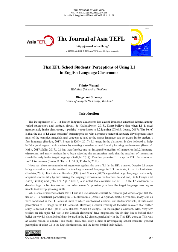 (PDF) Thai EFL School Students’ Perceptions of Using L1 in English ...