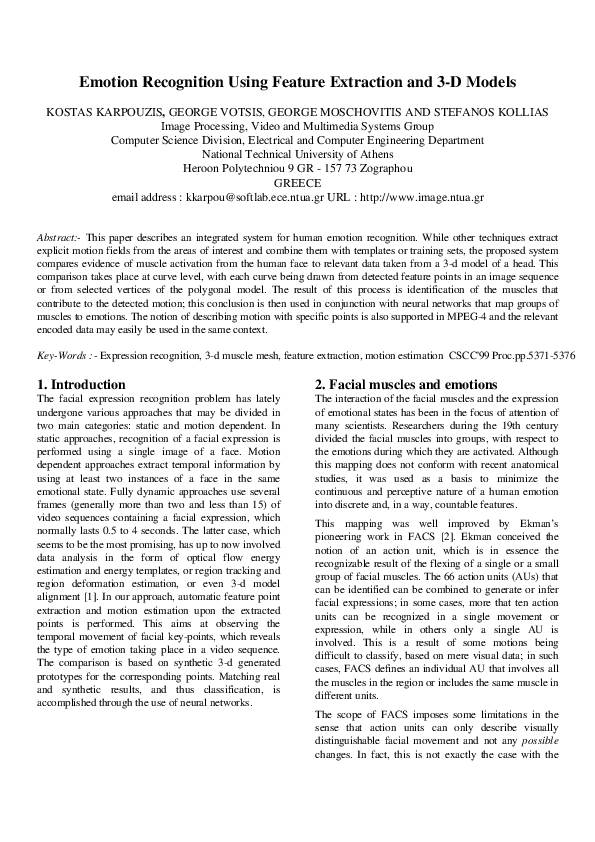 (PDF) Emotion recognition using feature extraction and 3-D models