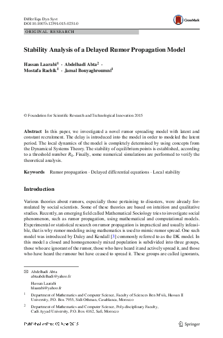 (PDF) Stability Analysis of a Delayed Rumor Propagation Model