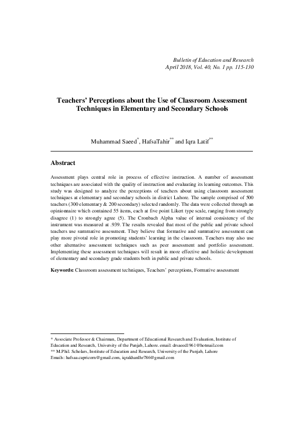(PDF) Teachers' Perceptions about the Use of Classroom Assessment ...