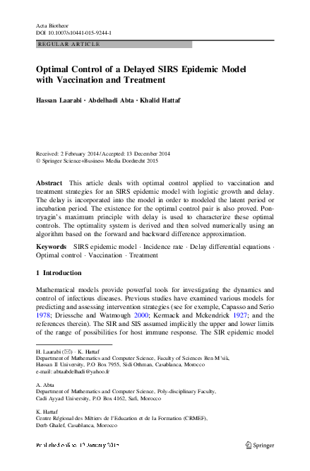 (PDF) Optimal Control of a Delayed SIRS Epidemic Model with Vaccination ...