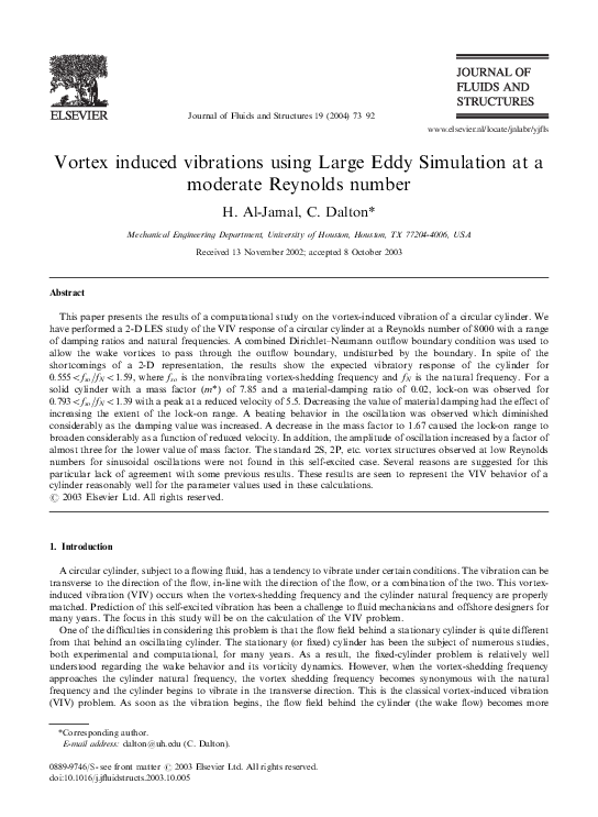 (PDF) Vortex induced vibrations using Large Eddy Simulation at a ...