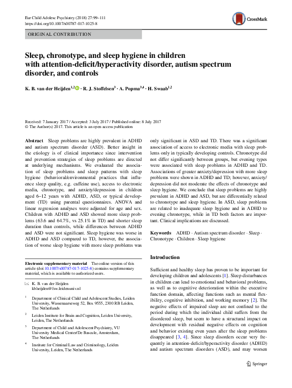 (PDF) Sleep, chronotype, and sleep hygiene in children with attention ...