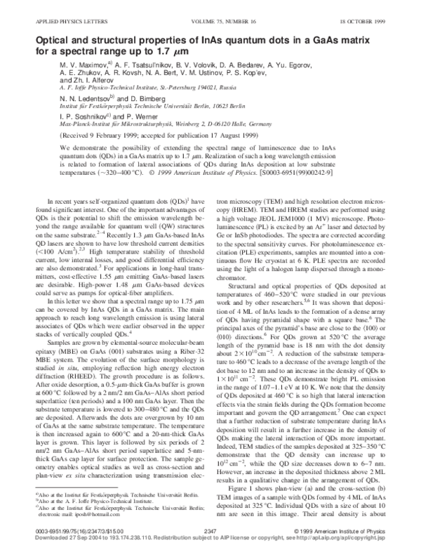 (PDF) Optical and structural properties of InAs quantum dots in a GaAs ...