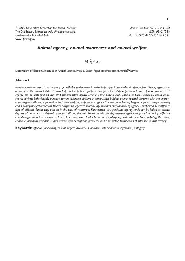 (PDF) Animal agency, animal awareness and animal welfare