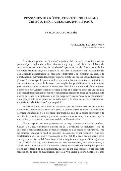 Pensamiento crítico, constitucionalismo crítico, Trotta, Madrid, 2014, 119 págs. Carlos de Cabo Martín [reseña de libro]