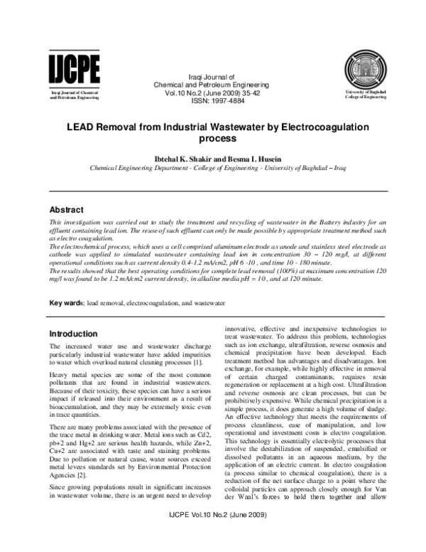 (PDF) LEAD Removal from Industrial Wastewater by Electrocoagulation