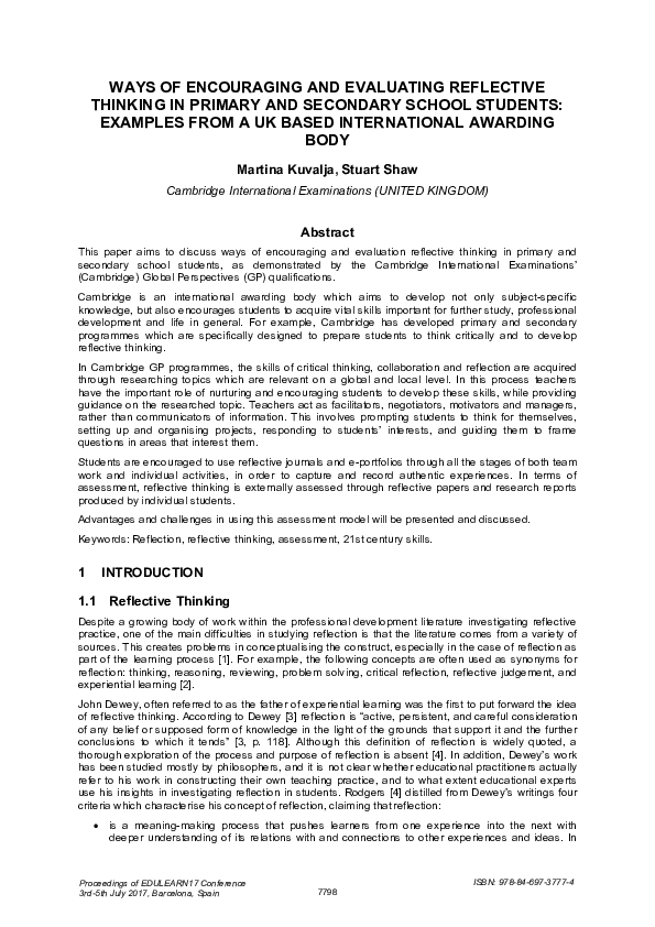 (PDF) Ways of Encouraging and Evaluating Reflective Thinking in Primary ...