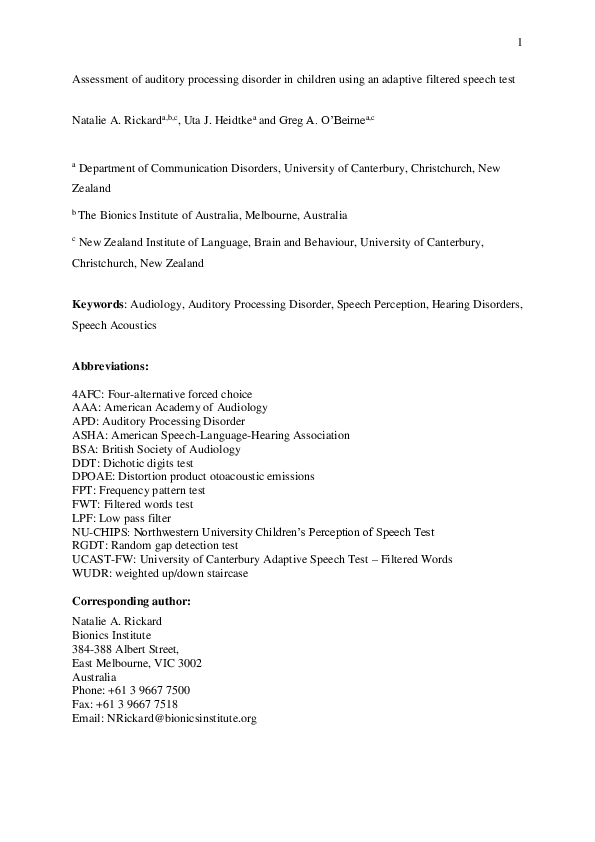 (PDF) Assessment of auditory processing disorder in children using an ...