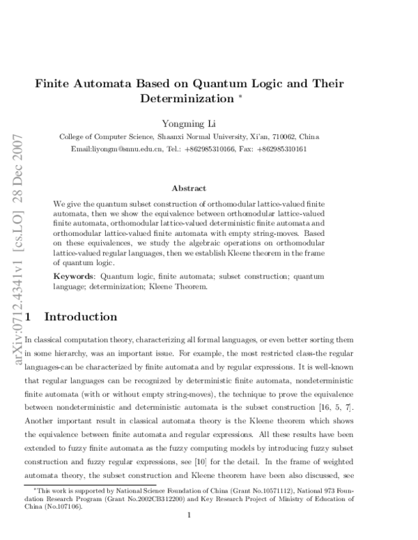 (PDF) Finite automata based on quantum logic and their determinization
