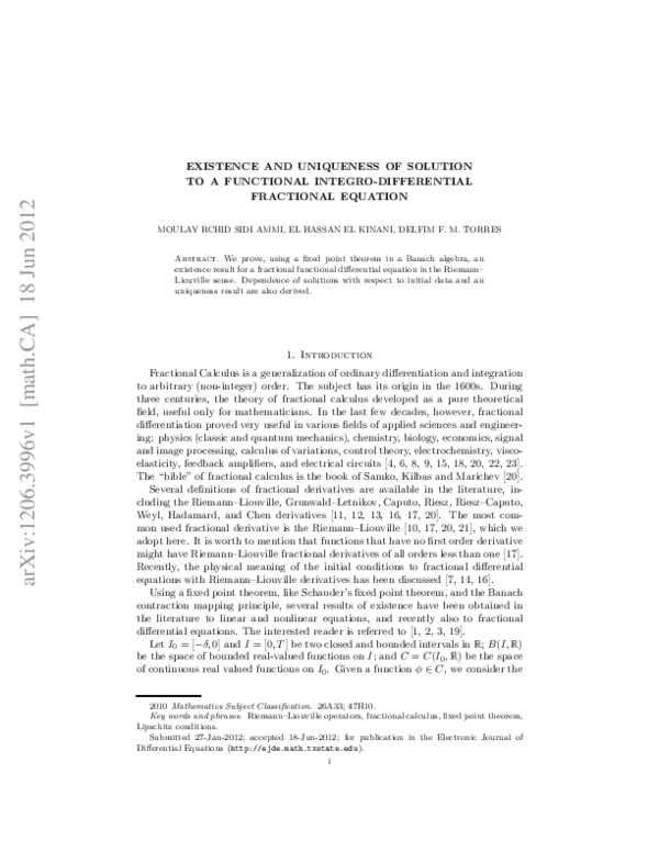 (PDF) Existence and Uniqueness of Solution to a Functional Integro ...