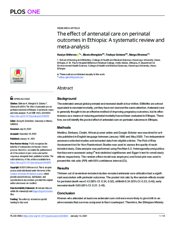 (PDF) The effect of antenatal care on perinatal outcomes in Ethiopia: A ...