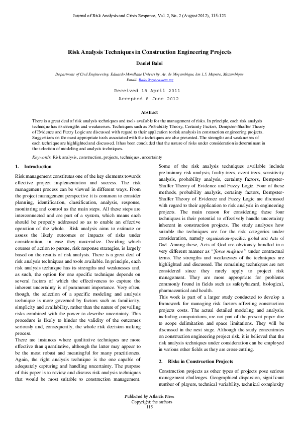 (PDF) Risk Analysis Techniques in Construction Engineering Projects
