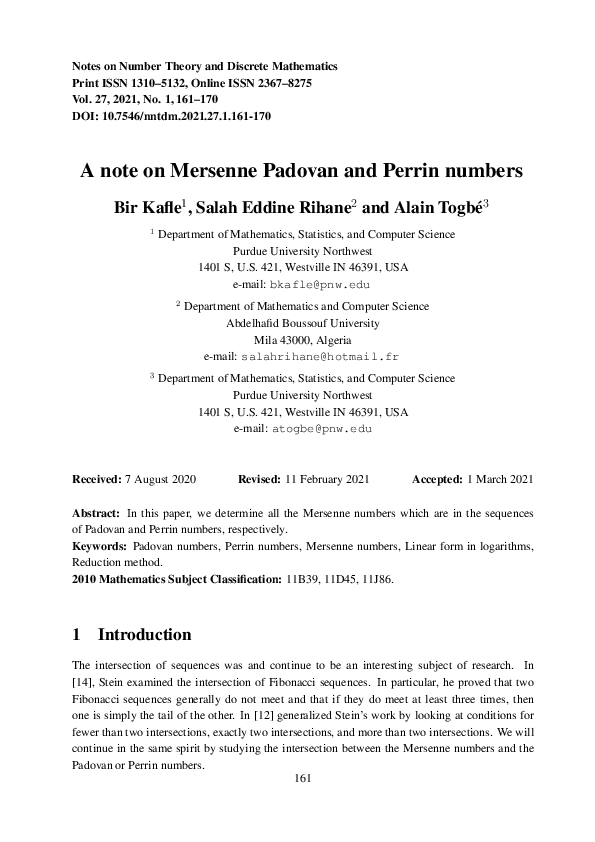 (PDF) A note on Mersenne Padovan and Perrin numbers