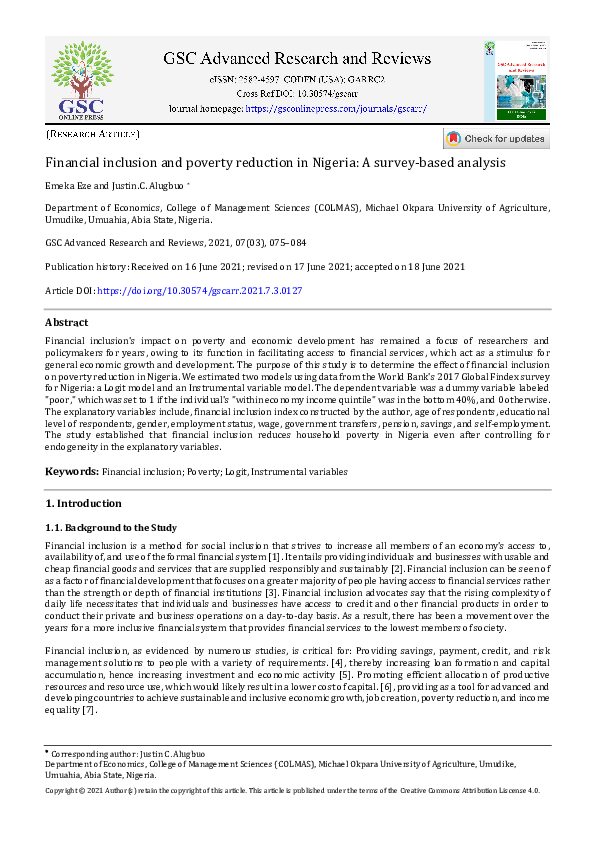 (PDF) Financial inclusion and poverty reduction in Nigeria: A survey ...