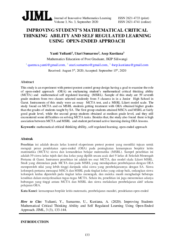 (PDF) Improving Students Mathematical Critical Thinking Ability and ...