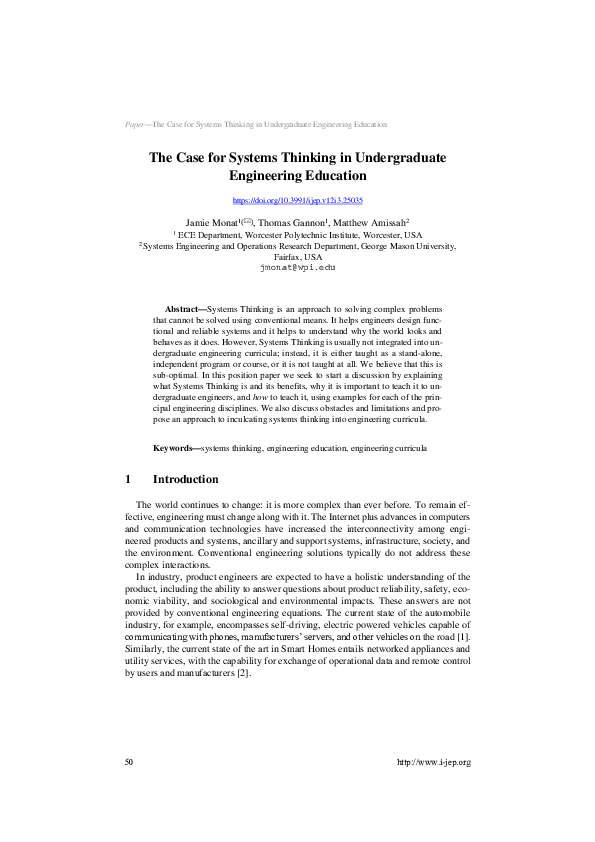 (PDF) The Case for Systems Thinking in Undergraduate Engineering Education