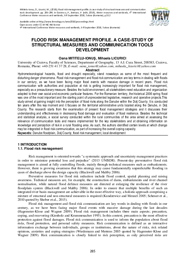 (PDF) Flood Risk Management Profile. A Case-Study of Structural ...