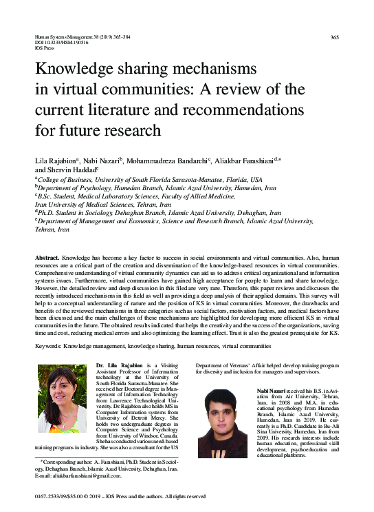(PDF) Knowledge sharing mechanisms in virtual communities: A review of ...