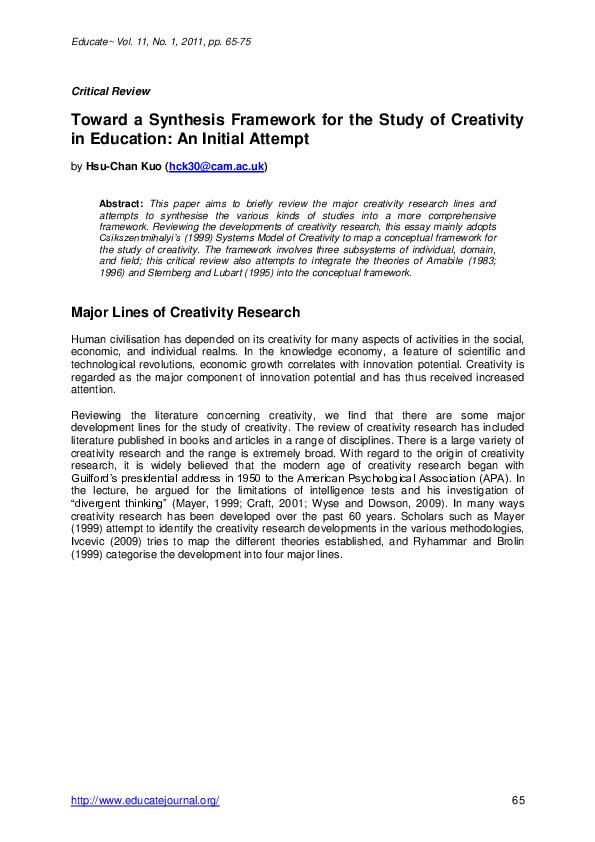 (PDF) Toward a Synthesis Framework for the Study of Creativity in ...