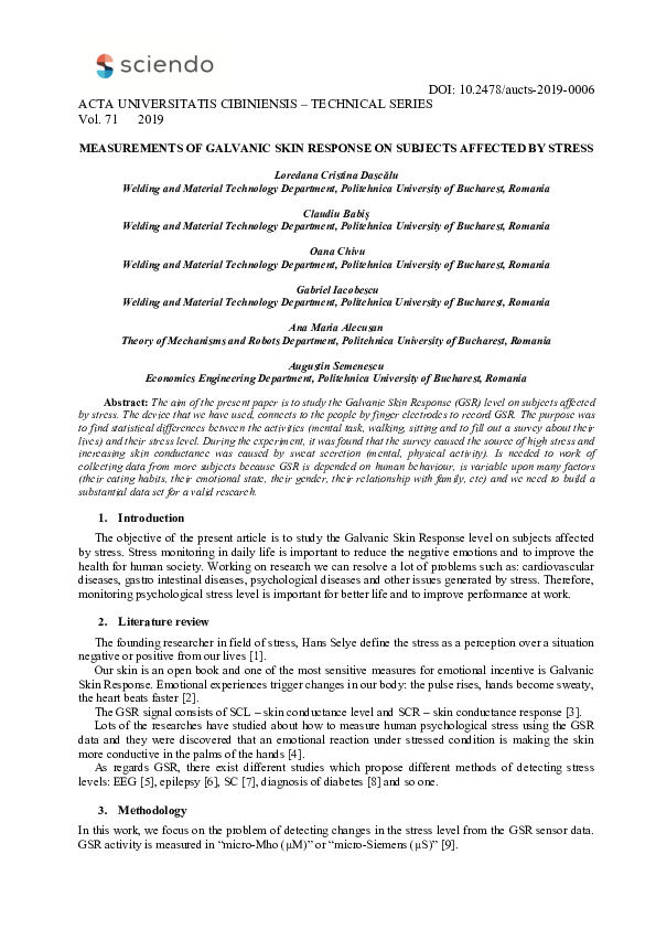 (PDF) Measurements of Galvanic Skin Response on Subjects Affected by Stress