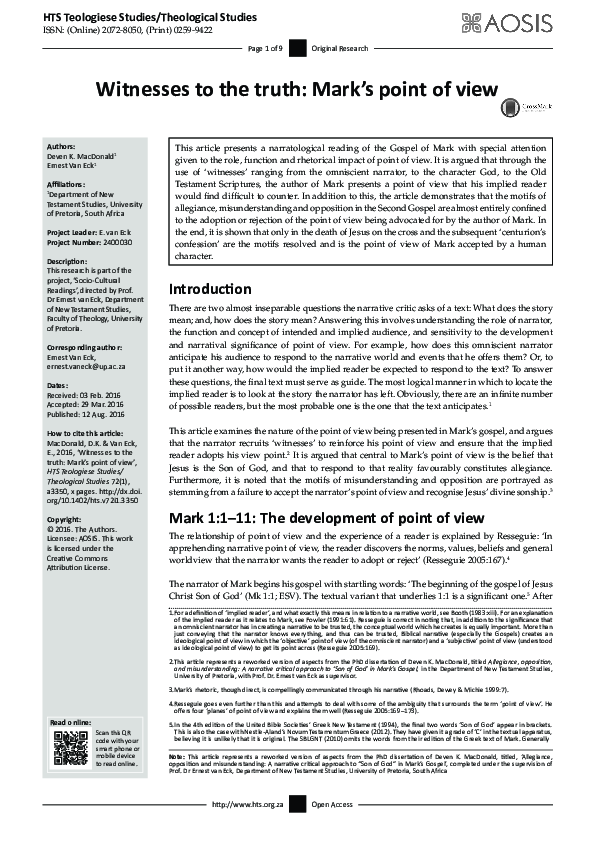 (PDF) Witnesses to the truth: Mark’s point of view