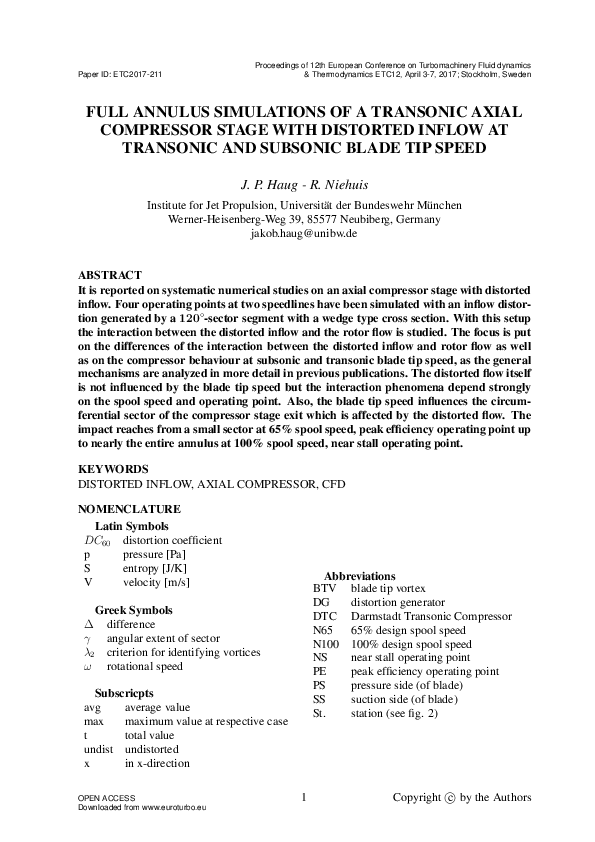 (PDF) Full Annulus Simulations of a Transonic Axial Compressor Stage ...