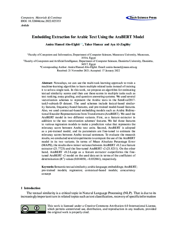 (PDF) Embedding Extraction for Arabic Text Using the AraBERT Model