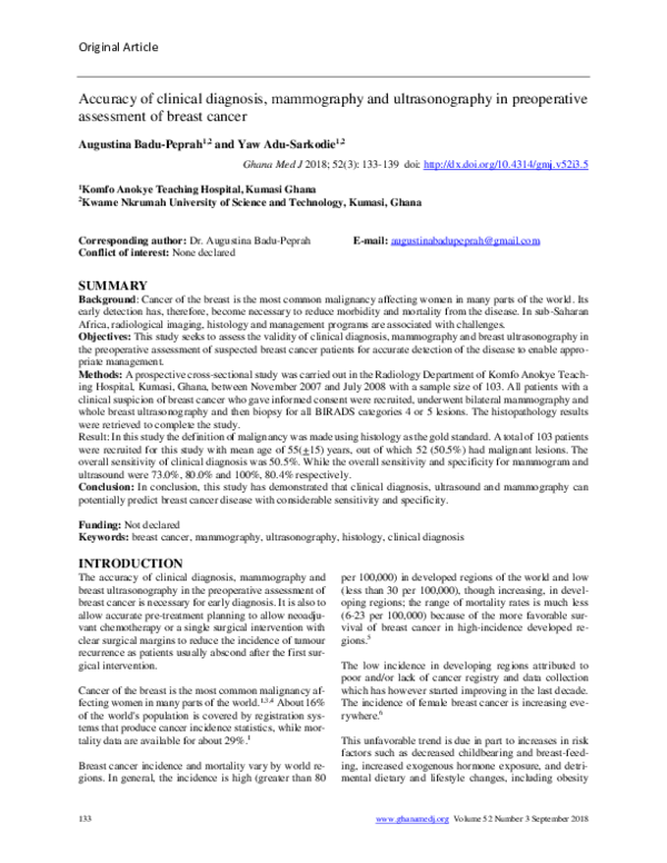 (PDF) Accuracy of clinical diagnosis, mammography and ultrasonography ...