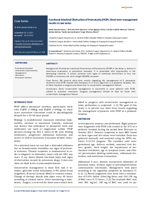 (PDF) Functional Intestinal Obstruction of Prematurity (FIOP): Short ...