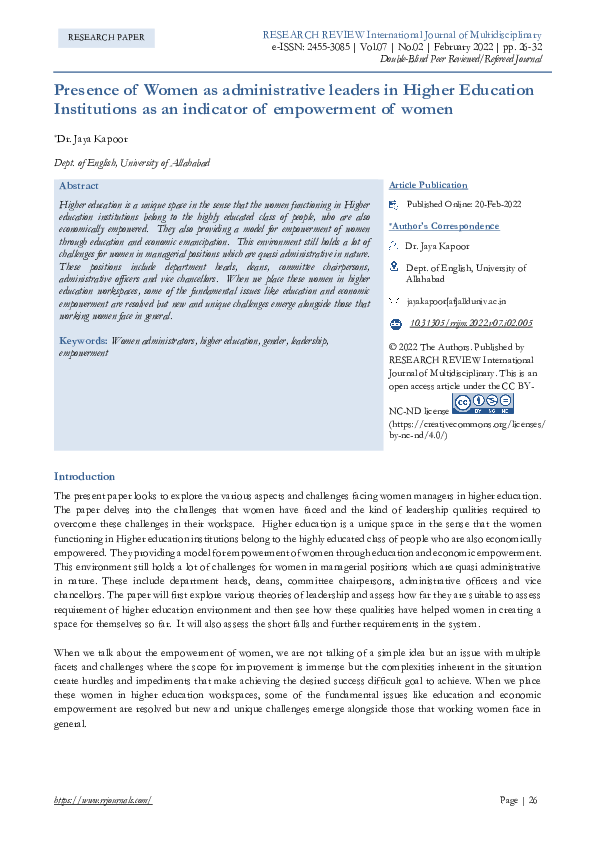 (PDF) Presence of Women as administrative leaders in Higher Education ...