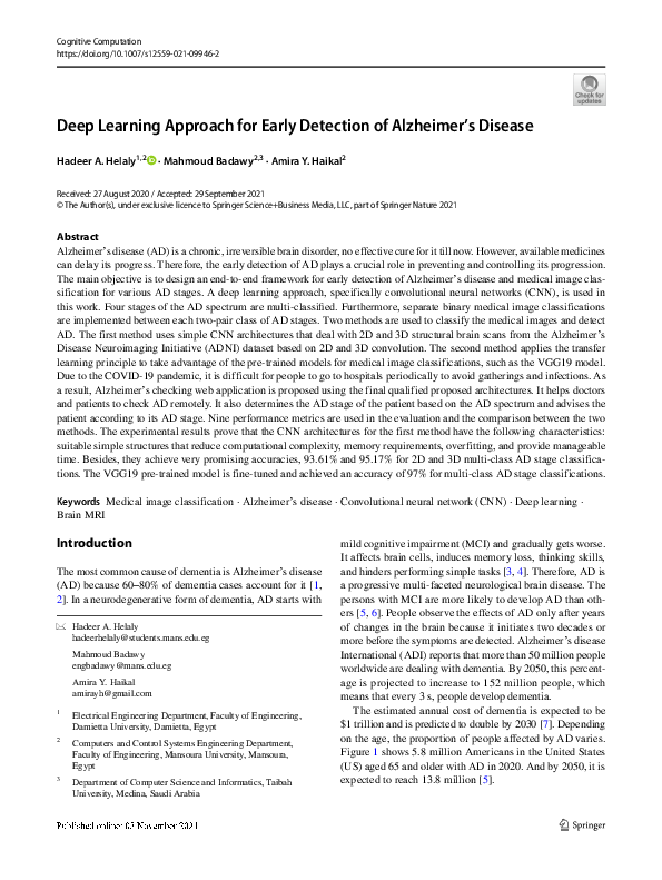 (PDF) Deep Learning Approach for Early Detection of Alzheimer’s Disease