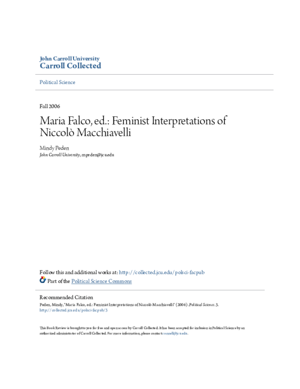 (PDF) Maria Falco, ed.: Feminist Interpretations of Niccolò Macchiavelli