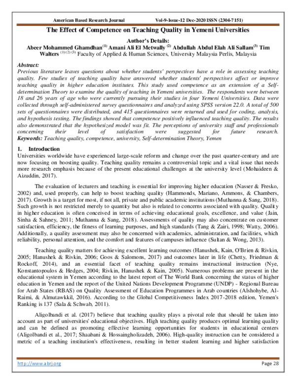 (PDF) The Effect of Competence on Teaching Quality in Yemeni Universities