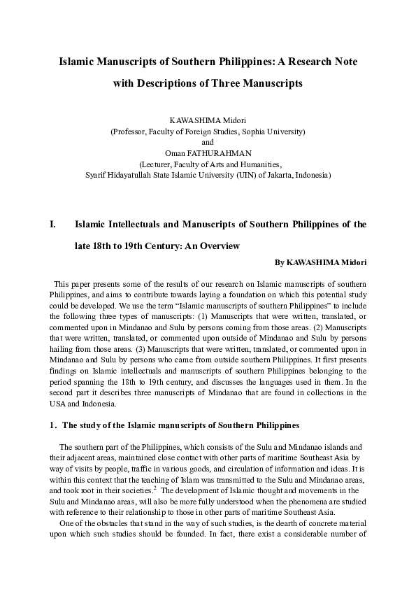 (PDF) Islamic Manuscripts of Southern Philippines: A Research Note with ...