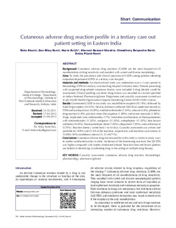 (PDF) Cutaneous adverse drug reaction profile in a tertiary care out ...