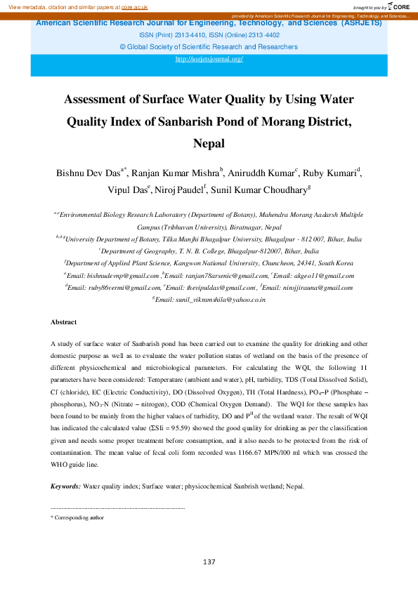 (PDF) Assessment of Surface Water Quality by Using Water Quality Index ...
