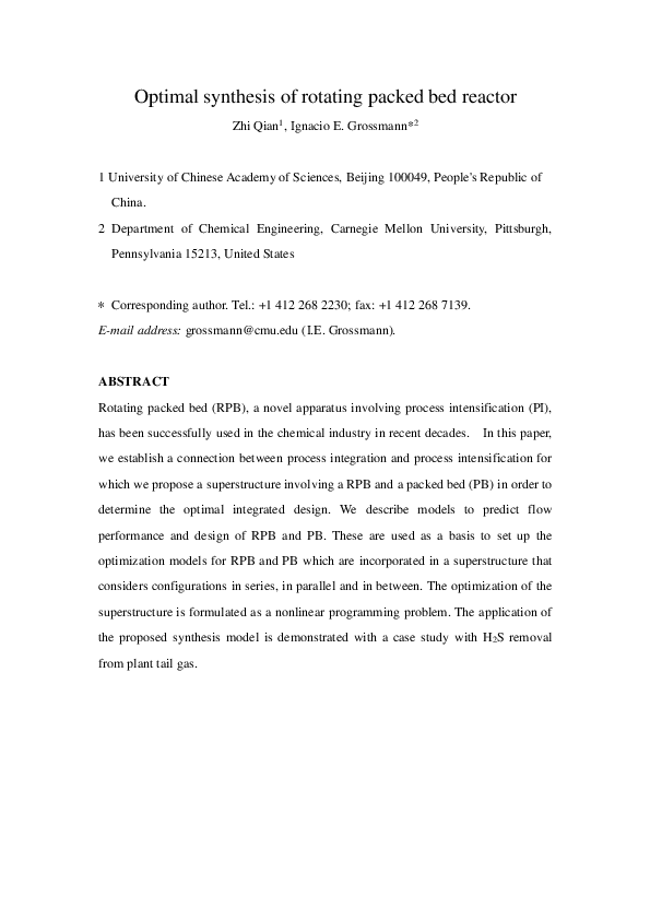 (PDF) Optimal synthesis of rotating packed bed reactor