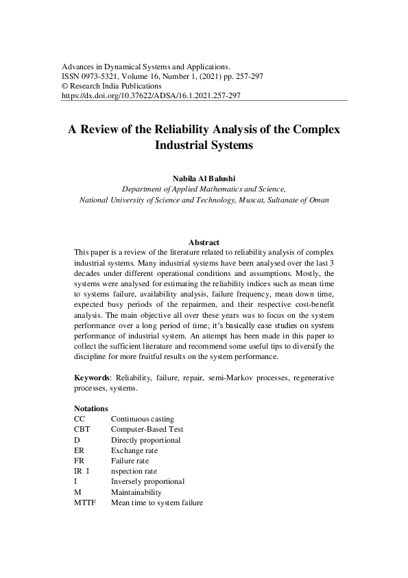 (PDF) A Review of the Reliability Analysis of the Complex Industrial ...