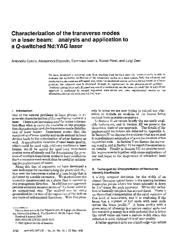 (PDF) Characterization of the transverse modes in a laser beam ...