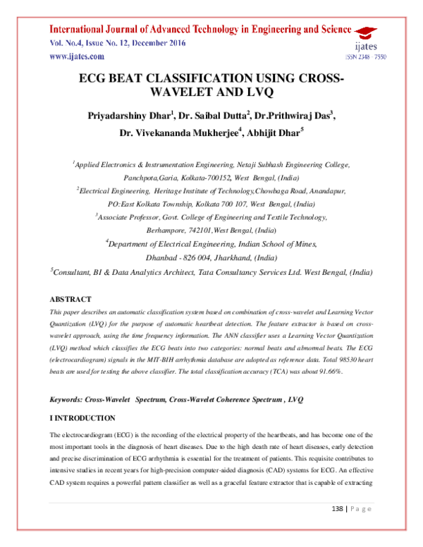 (PDF) Ecg Beat Classification Using Cross- Wavelet and LVQ