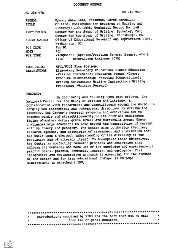 Critical challenges for research on writing and literacy, 1990-1995