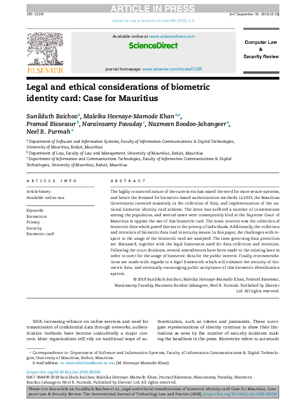 (PDF) Legal and ethical considerations of biometric identity card: Case ...