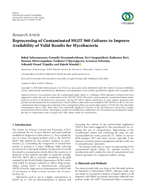 (PDF) Reprocessing of Contaminated MGIT 960 Cultures to Improve ...