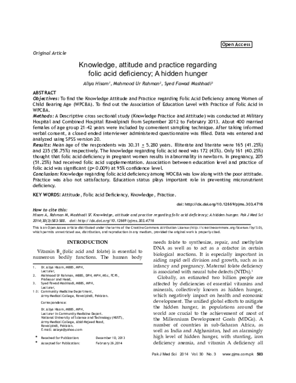 (PDF) Knowledge, Attitude and Practice Regarding Folic Acid : A Hidden ...