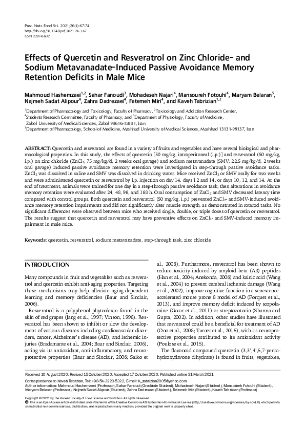 (PDF) Effects of Quercetin and Resveratrol on Zinc Chloride- and Sodium ...