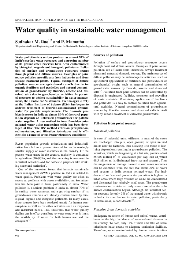 (PDF) Water Quality In Sustainable Water Management sudhakar rao M